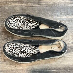 Roper Black and Cream Flats with Leopard Print Interior